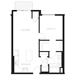 A floor plan for a one bedroom apartment in Basswood building by Arris Apartments.