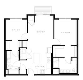 A floor plan for a 2 bedroom apartment with 2 bathrooms and a balcony.