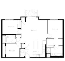 A floor plan for a 3 bedroom apartment with 2 bathrooms and a patio.