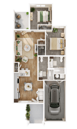 a 3d rendering of a bedroom floor plan with a car and a living room