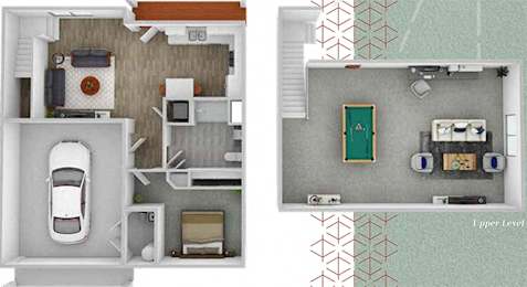 A floor plan of a two-level apartment with a kitchen, living room, bedrooms, and bathrooms.