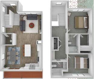 A floor plan of a two-story apartment with a living room, kitchen, and bedrooms.