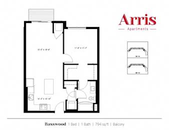 A floor plan for a one bedroom apartment in Basswood building by Arris Apartments.