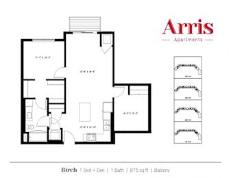 A floor plan for a 1 Bed + Den apartment with 1 Bath and a total area of 875 sq ft.
