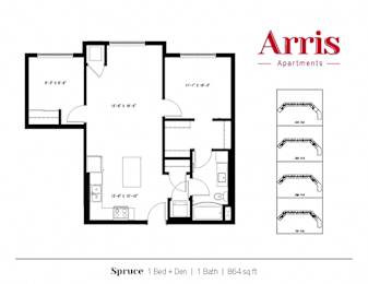 A floor plan for a Spruce apartment from Arris Apartments.