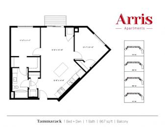 A floor plan for a one bedroom apartment with balcony.
