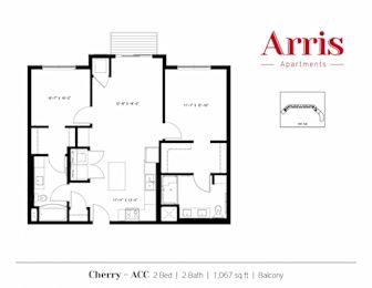 A floor plan for a 2 bedroom apartment with 2 bathrooms and a balcony.
