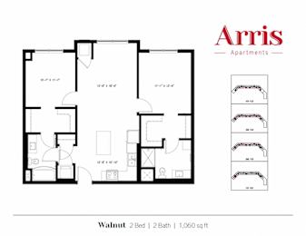 A floor plan for a 2 bedroom, 2 bathroom apartment sized at 1,060 sq ft.
