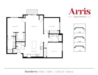 A floor plan for the Hackberry 3 Bed 2 Bath apartment at Arris Apartments.