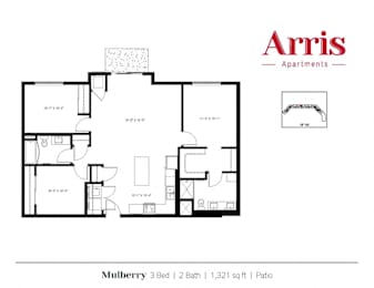 A floor plan for a 3 bedroom apartment with 2 bathrooms and a patio.