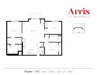 A floor plan for a 3 bedroom apartment with 2 bathrooms and a patio.