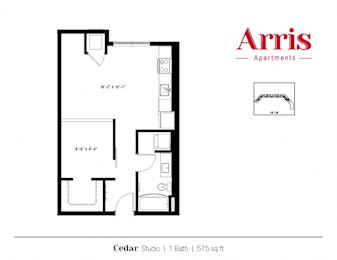 A floor plan for a 575 sq ft apartment by Arris Apartments.