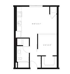 A floor plan for a 1 bedroom apartment with a bathroom and total area of 575 sq ft.