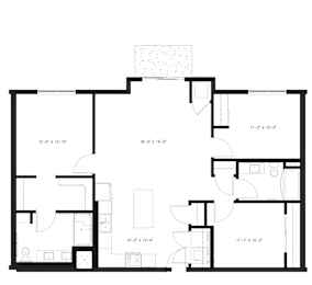 A floor plan for a 3 bedroom apartment with 2 bathrooms and a patio.