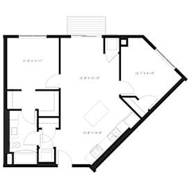 A floor plan for a one bedroom apartment with balcony.