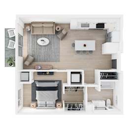 A top-down view of a modern, minimalist kitchen and living room.