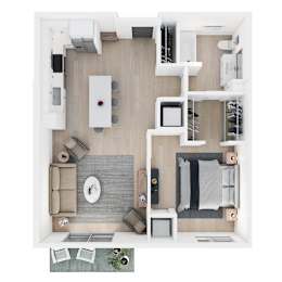 A top-down view of a modern apartment layout with a kitchen, living room, and bedroom.