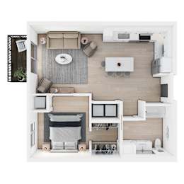 A top-down view of a modern kitchen and living room.