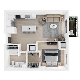 A top down view of a modern bedroom with a bed, nightstand, and a small kitchenette.