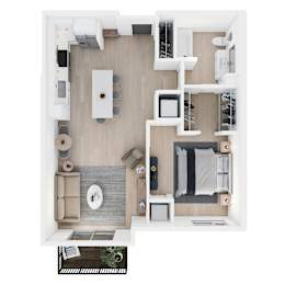 A top-down view of a modern living room with a sofa, coffee table, and television.