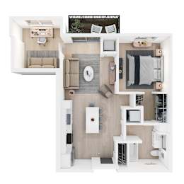 A top-down view of a modern apartment with a kitchen, living room, and bedroom.