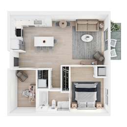 A top-down view of a modern, minimalist apartment with a kitchen, living room, and bedroom.