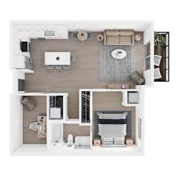 A top-down view of a modern, minimalist apartment with a kitchen, living room, and bedroom.