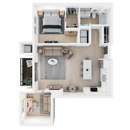 A top-down view of a modern, minimalist apartment layout.