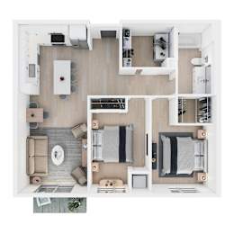 A top-down view of a modern apartment layout with a kitchen, living room, and bedrooms.