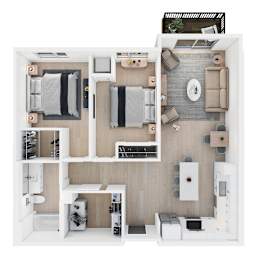 A top-down view of a modern, minimalist apartment with a kitchen, living room, and bedroom.