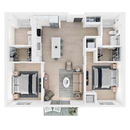 A top down view of a modern apartment layout.