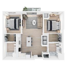 A top-down view of a modern, minimalist apartment layout.