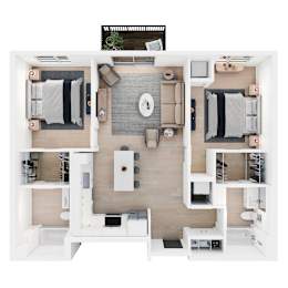 A top-down view of a modern apartment layout with a kitchen, living room, and bedrooms.