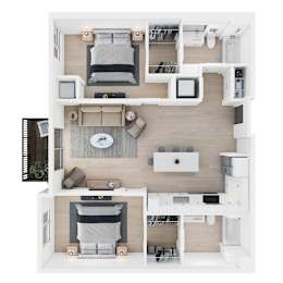 A top-down view of a small apartment with a bed, a couch, a table, and a kitchenette.