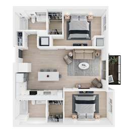 A top-down view of a small apartment with a kitchen, living room, and bedroom.
