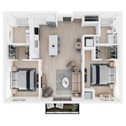 A top view of a modern living room with a dining area and kitchen.
