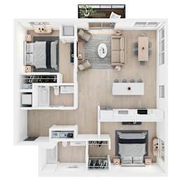 A top-down view of a small, neatly organized apartment with a kitchen, living room, and bedroom.