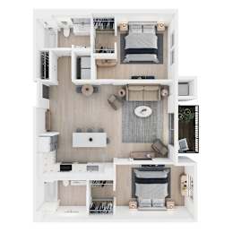 A top-down view of a modern apartment with a kitchen, living room, and bedroom.
