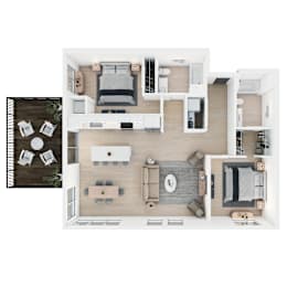 A top-down view of a modern, minimalist apartment with a kitchen, living room, and bedroom.
