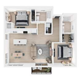 A top-down view of a modern, minimalist apartment layout.