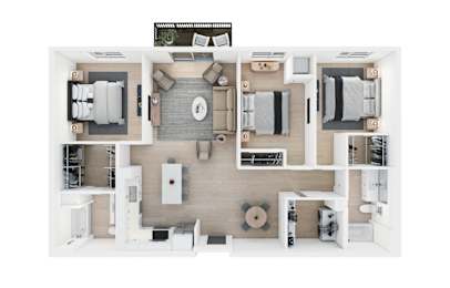 A top-down view of a modern apartment layout with a kitchen, living room, and two bedrooms.
