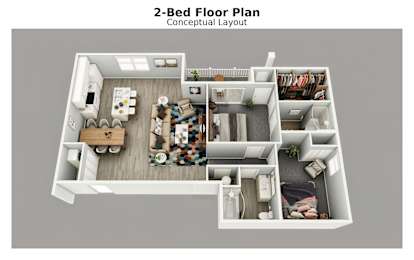 A 2-bed floor plan layout with a living room, kitchen, and bathroom.