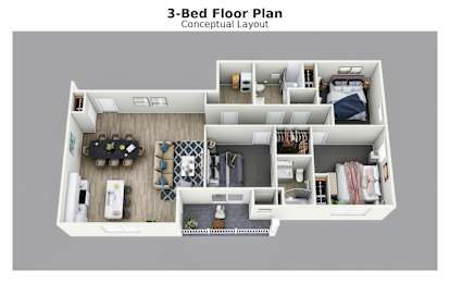 A 3-bed floor plan layout for a house.