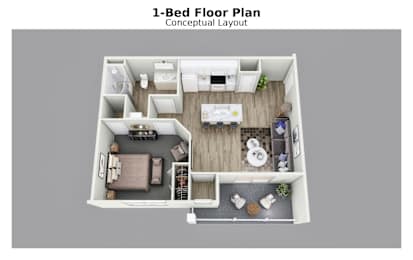 A 1-Bed Floor Plan Conceptual Layout is shown in the image.