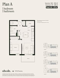A floor plan for a small apartment with one bedroom and one bathroom.