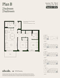 A floor plan for a 2 bedroom, 2 bathroom apartment is shown.