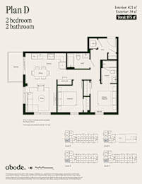A floor plan for a 2 bedroom, 2 bathroom apartment is shown.