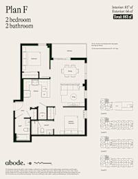 A floor plan for a 2 bedroom, 2 bathroom apartment is shown.