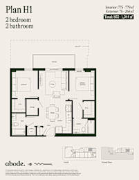 A floor plan for Plan H1 shows a 2 bedroom, 2 bathroom apartment with a total area of 850-1,044 square feet.