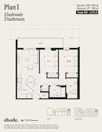 A floor plan for a 2 bedroom, 2 bathroom apartment.